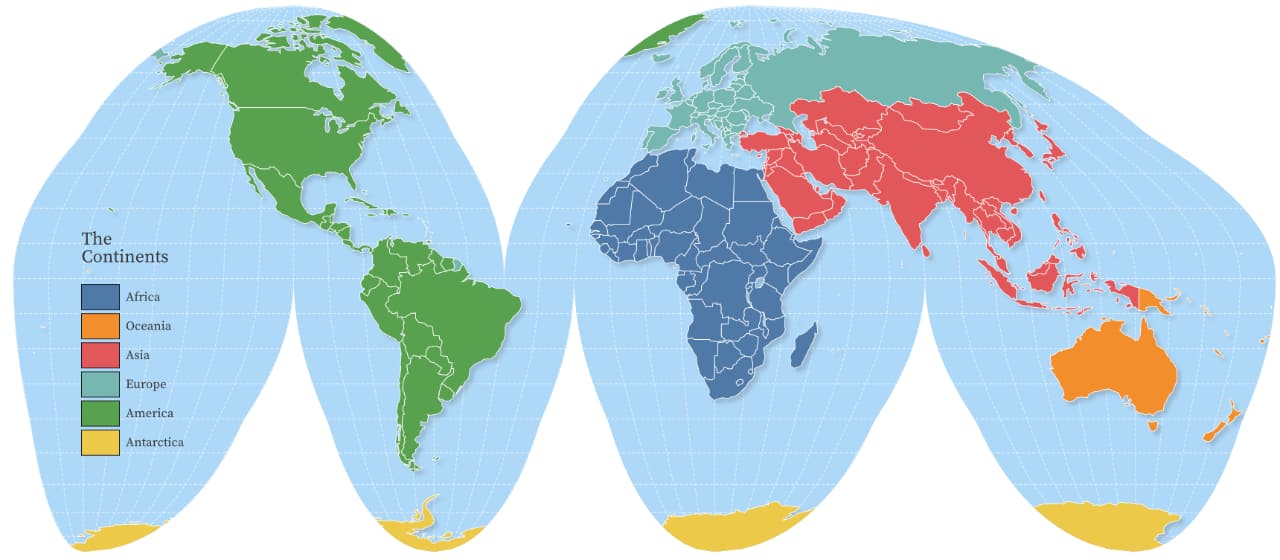 Screenshot of a map created with Bertin.js. It shows the whole world in the Interrupted Goode Homolosine projection, each continent is depicted in a different colour. 