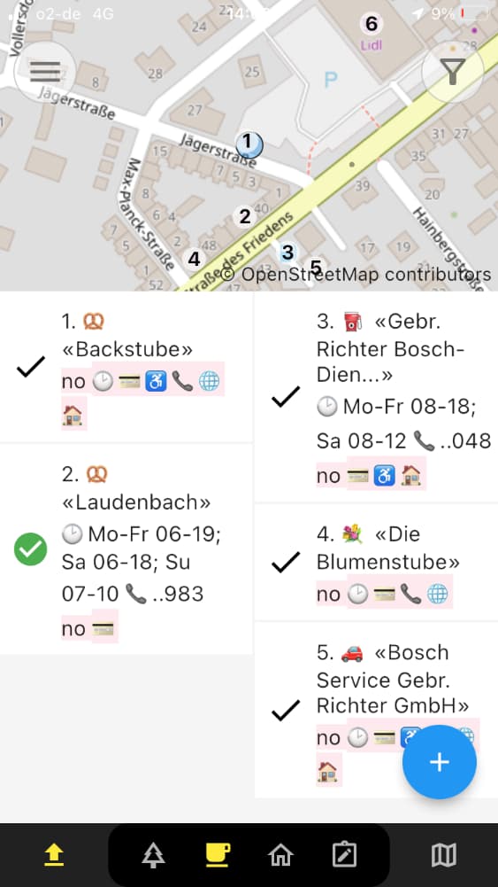 Screenshot of the Every-Door interface, showing a map on top with features for editing and corrsponding information on the features below.